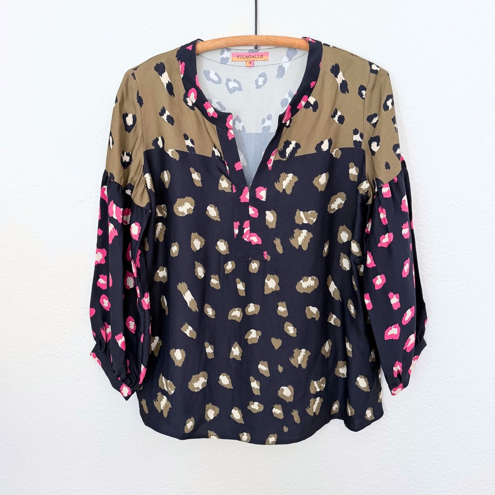Vilagallo Anthropologie Womens Colorblock Leopard Print Blouse Navy Pink 38 M